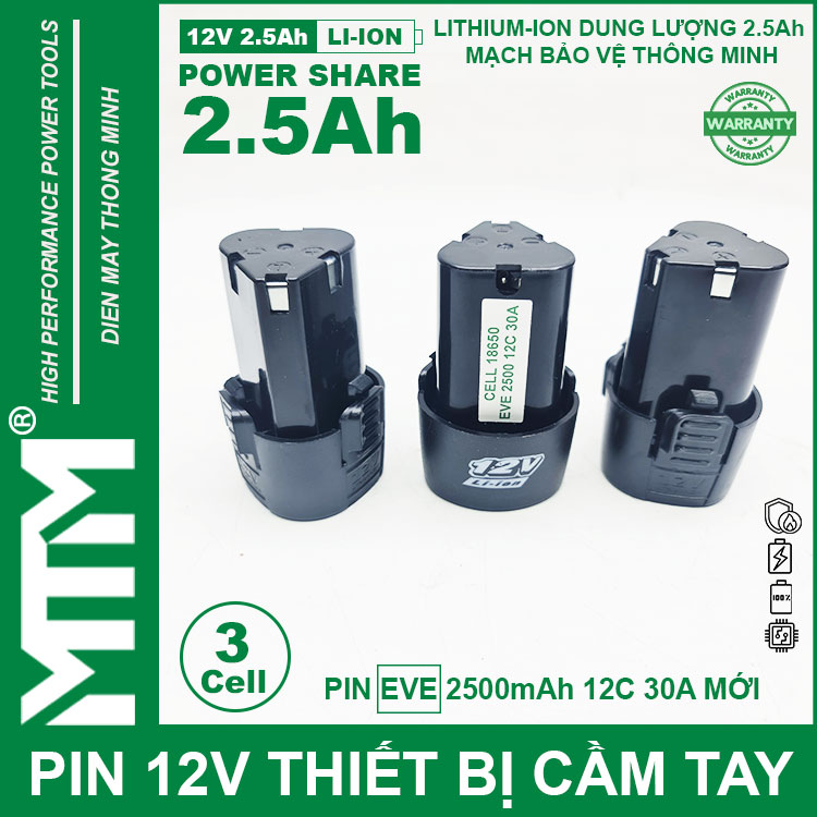 Pin May Khoan 12v 2500mah Khe B MTM Cell Chinh Hang