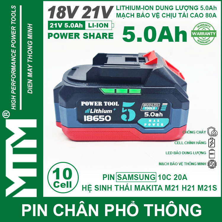 Pin Makita 10 Cell 5000mah 80A Den Bao Pin 2 Ben Cell Samsung Chinh Hang Cao Cap