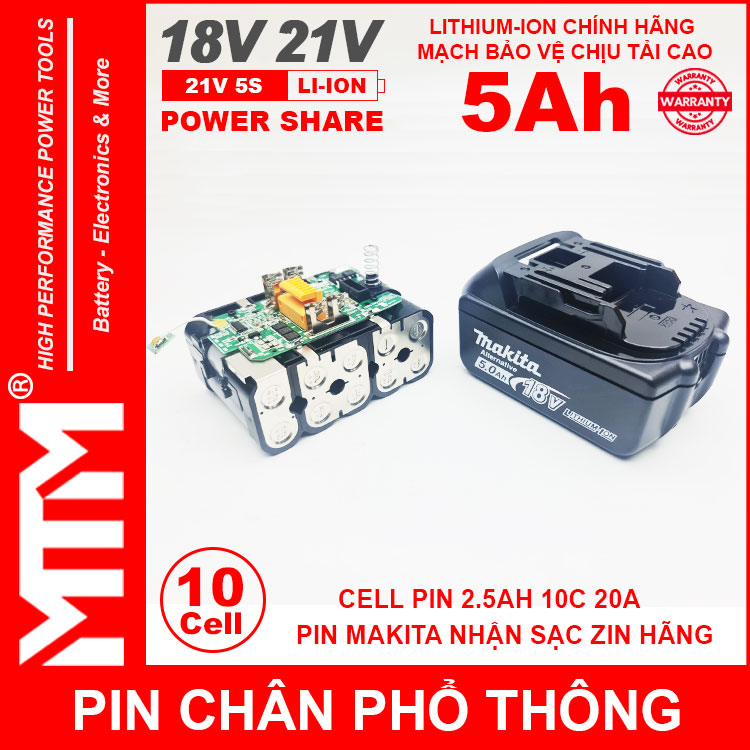 Pin Chan Pho Thong Makita 10cell 5Ah Nhan Sac Zin Chinh Hang Gia Re
