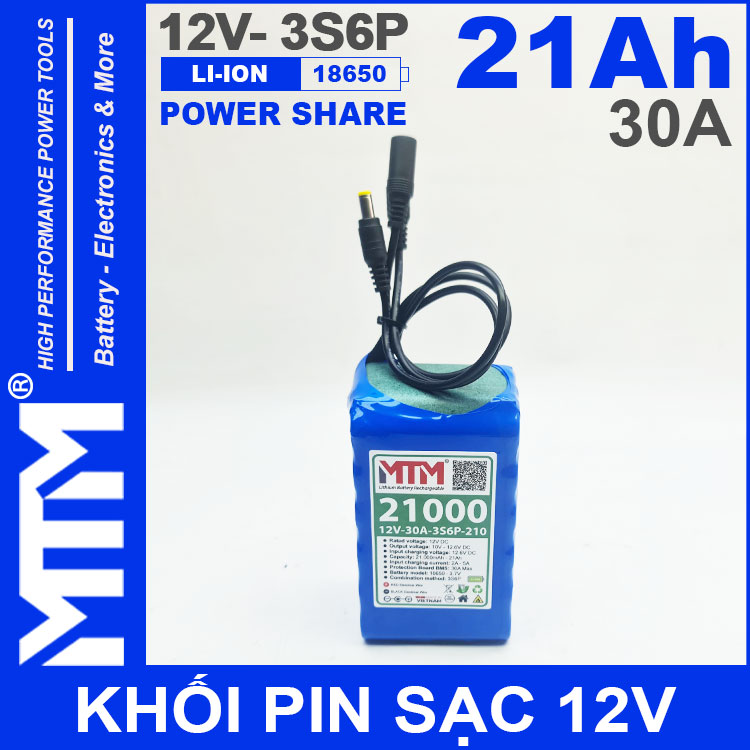 Pin 12V 30A 3S6P 18650 21Ah MTM Jack DC