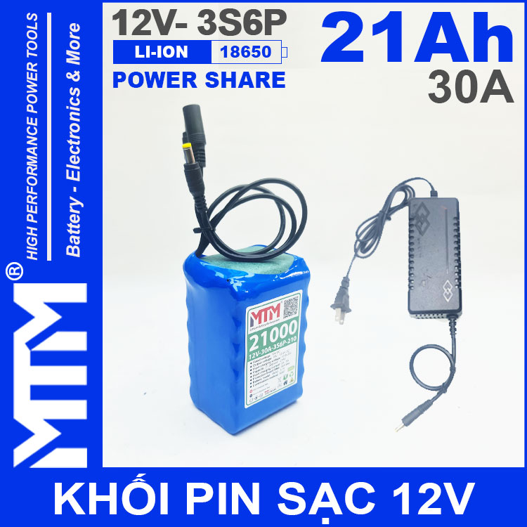 Pin 12V 30A 3S6P 18650 21Ah MTM Kem Sac 5A