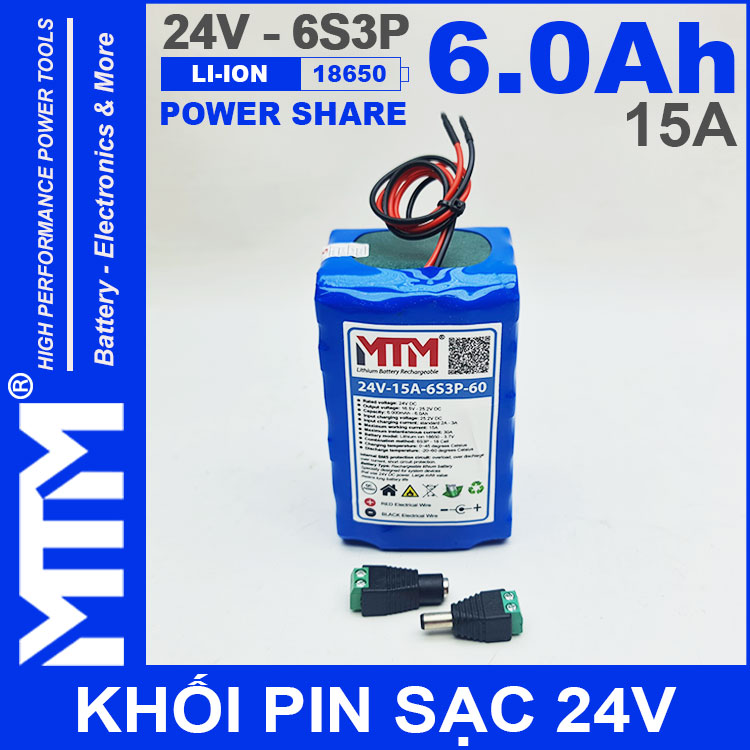 Dong Pin Pin 24V 6Ah 15A 6S2P 18650 MTM 6000mah