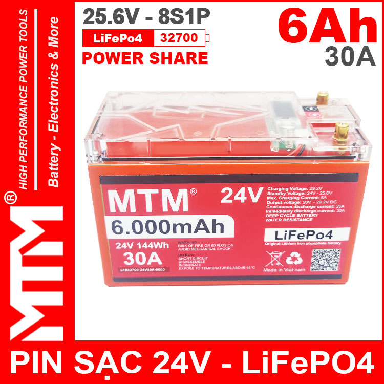 Pin Sat LiFePo4 24V 8S 6Ah 30A MTM Chinh Hang