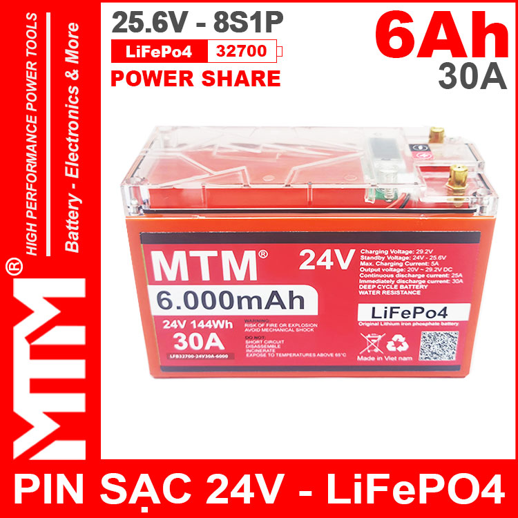 Pin Sat LiFePo4 24V 8S 6Ah 30A MTM Chong Nuoc